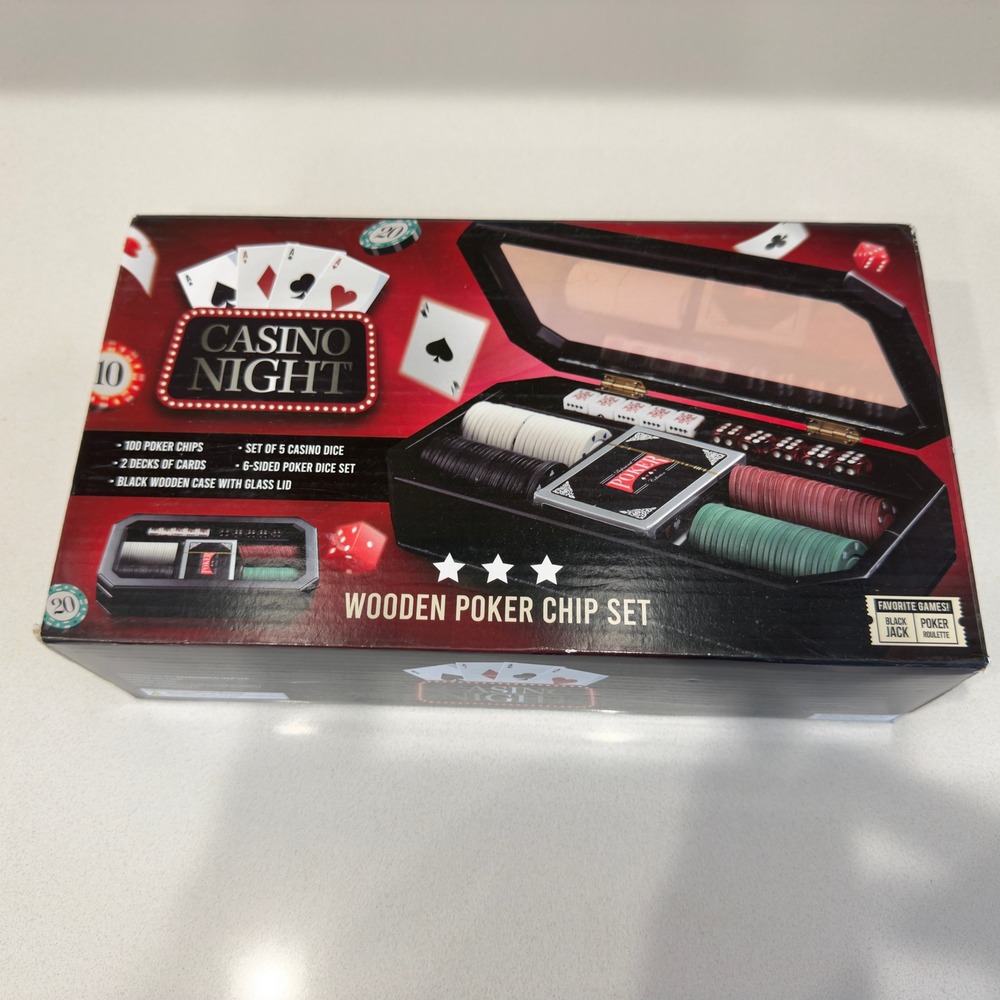 Casino Night Wooden Poker Chip Set 4 Chips 2 Decks Cards Dice Case Broken